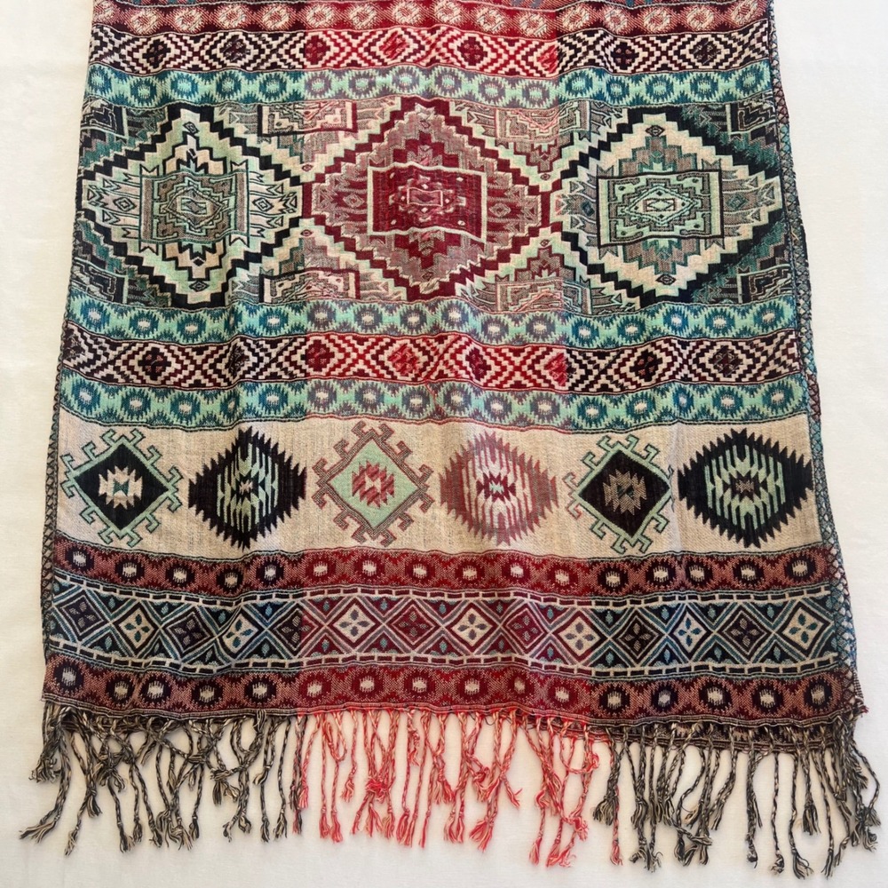 Boho Aztec Geometric Tribal Print Fringed Kaftan Poncho Tunic Top Size M/L - Picture 3 of 8